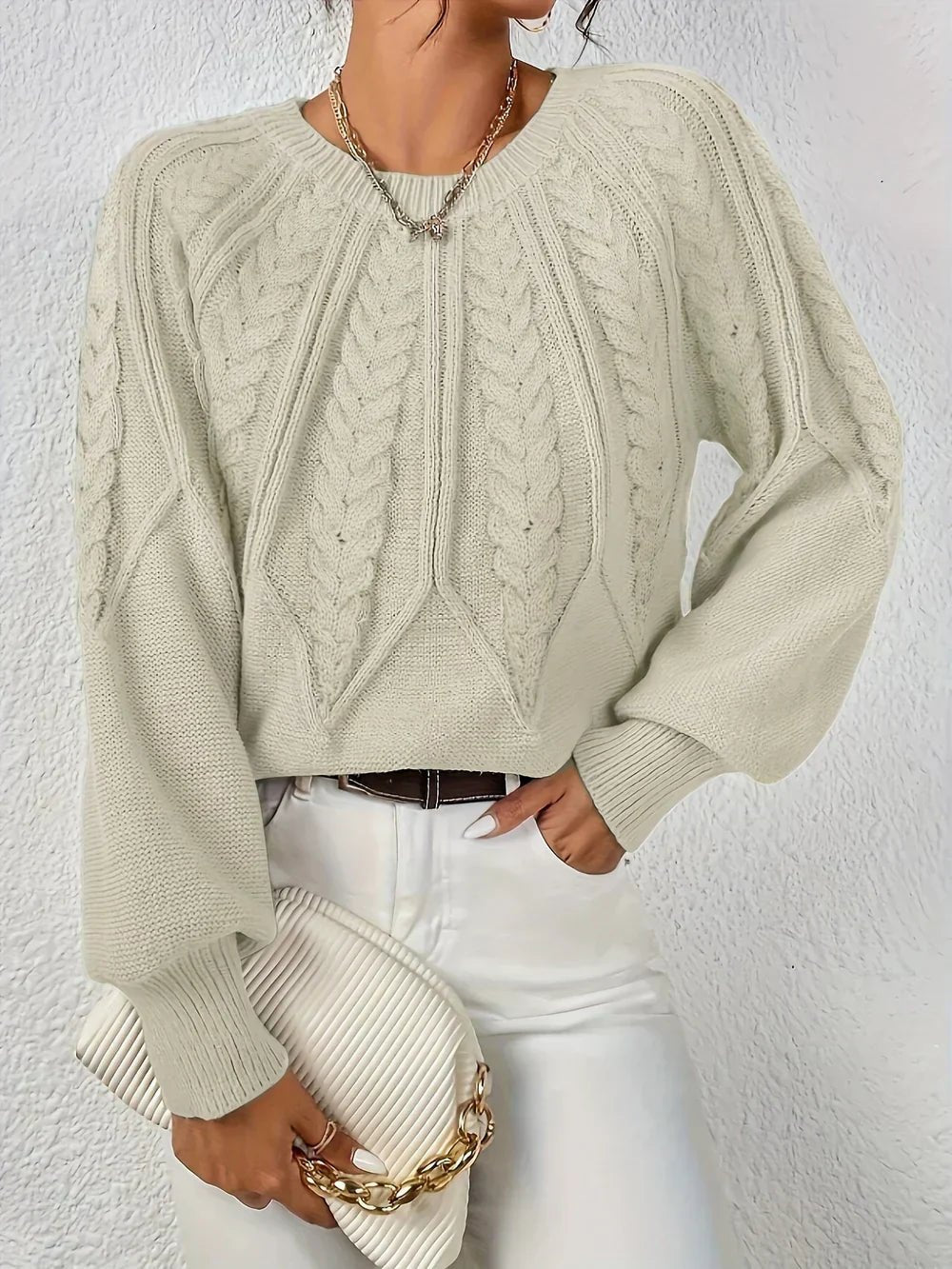 Rosalen | Women's Cable Knit Chunky Relaxed Fit Long Sleeve Sweater