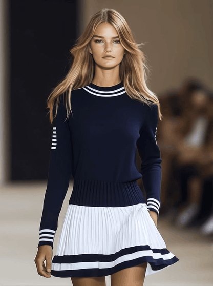 Calypso | Stripe Trim Crew Neck Long Sleeve Knit Top Pleated Skirt Mini Dress