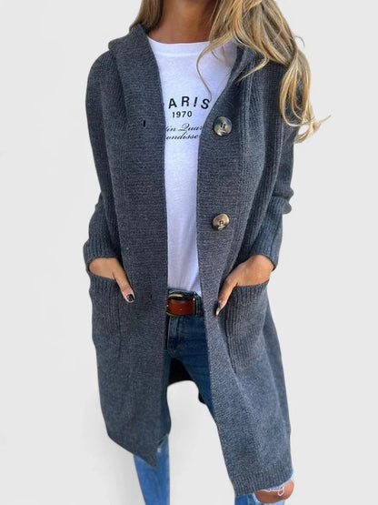 Elowena | Women's Longline Hooded Button Front Chunky Knit Cardigan