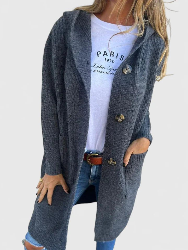 Elowena | Women's Longline Hooded Button Front Chunky Knit Cardigan