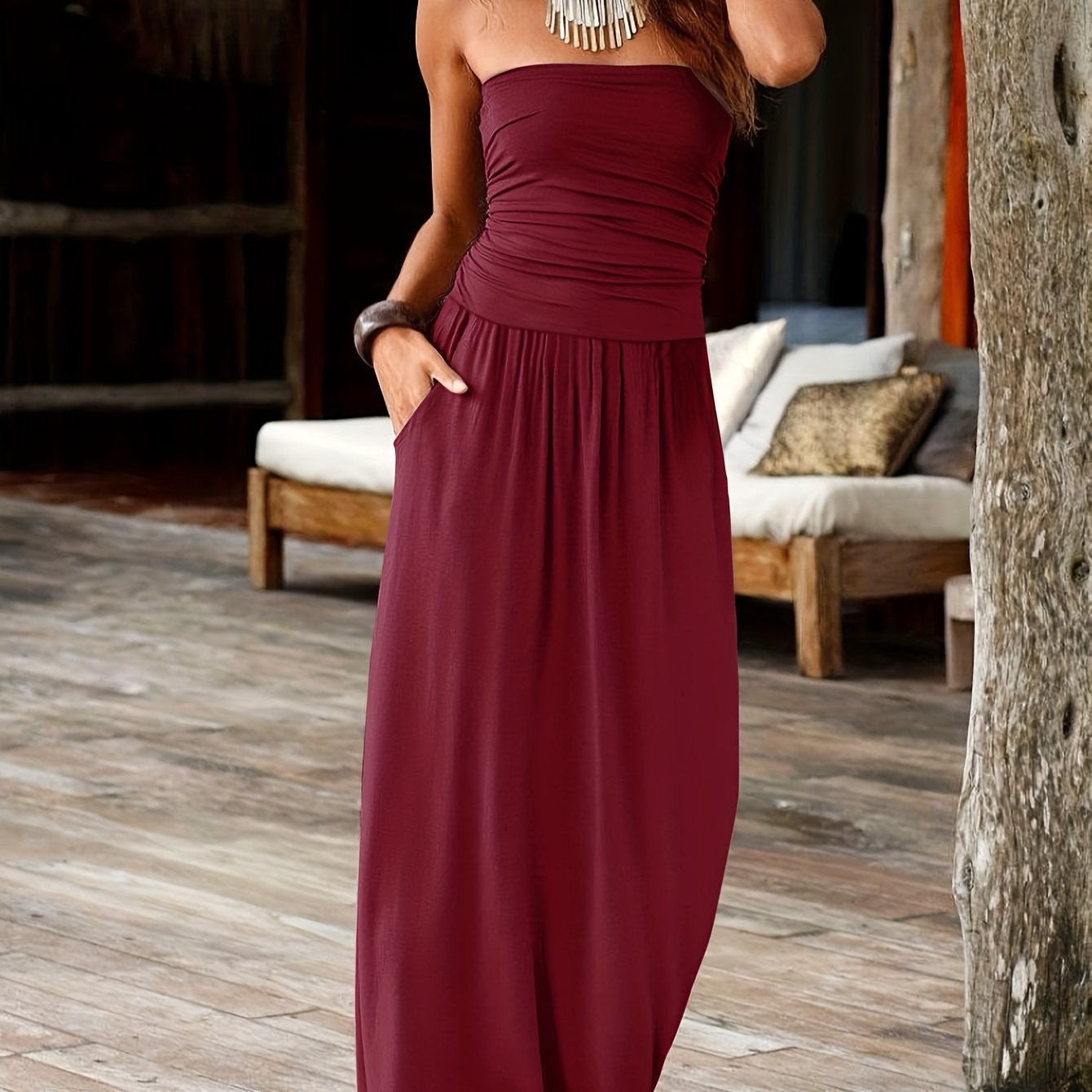 Marlowe | Women's Strapless Bandeau Pocket Maxi Dress