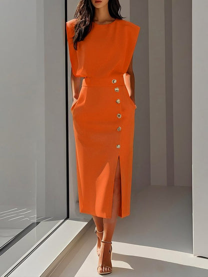 Quinn | Sleeveless Structured Shoulder Button Detail Fitted Midi Elegant Dress