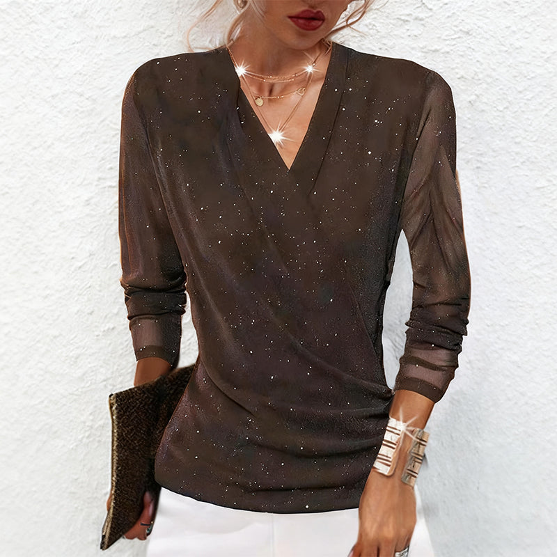 Maribel | Women's Draped V Neck Shimmer Long Sleeve Blouse