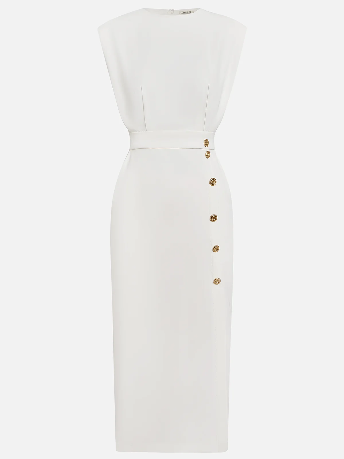 Quinn | Sleeveless Structured Shoulder Button Detail Fitted Midi Elegant Dress
