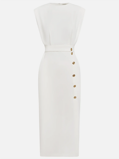 Quinn | Sleeveless Structured Shoulder Button Detail Fitted Midi Elegant Dress