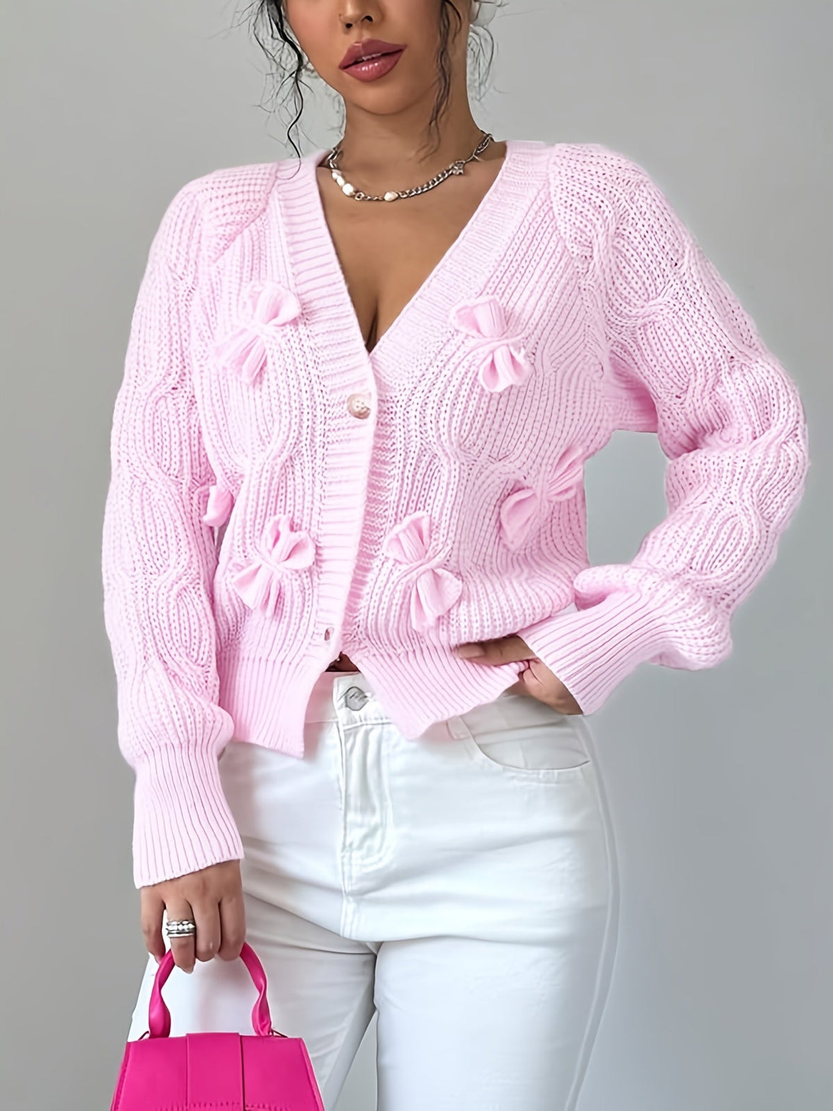 Rosalind | Women's Bow-Detail Cable Knit V-Neck Button-Front Cardigan