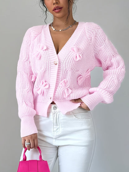 Rosalind | Women's Bow-Detail Cable Knit V-Neck Button-Front Cardigan