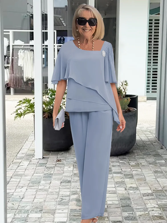 Elizabeth | Asymmetric Layered Chiffon Top Wide Leg Pants Elegant Two Piece Set