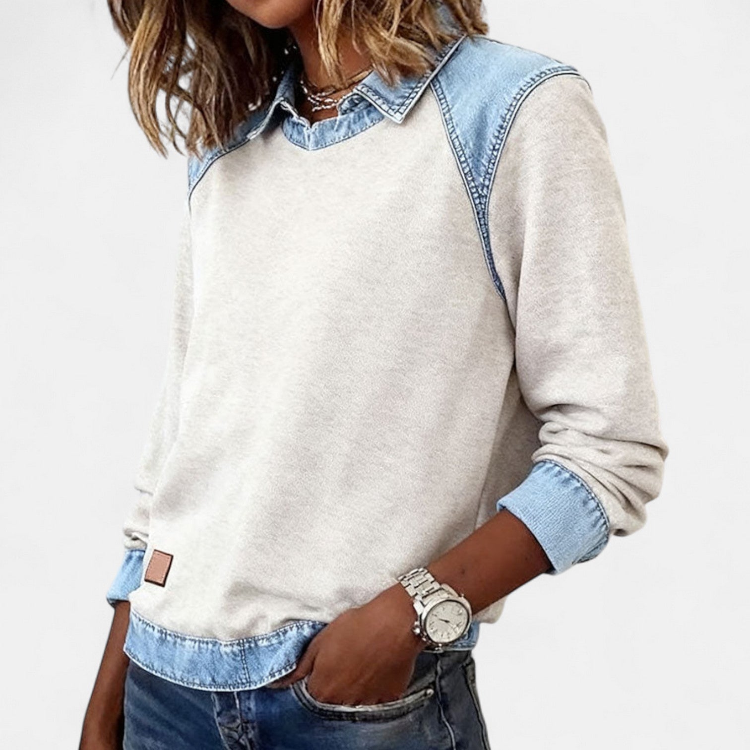 Denby | Women's Denim Trim Collared Colorblock Long Sleeve Sweatshirt