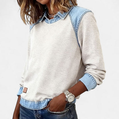 Denby | Women's Denim Trim Collared Colorblock Long Sleeve Sweatshirt