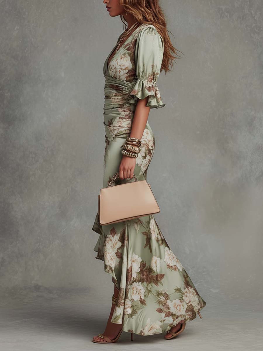 Serilda | Women's Floral Satin V-Neck Ruffle Hem Maxi Dress