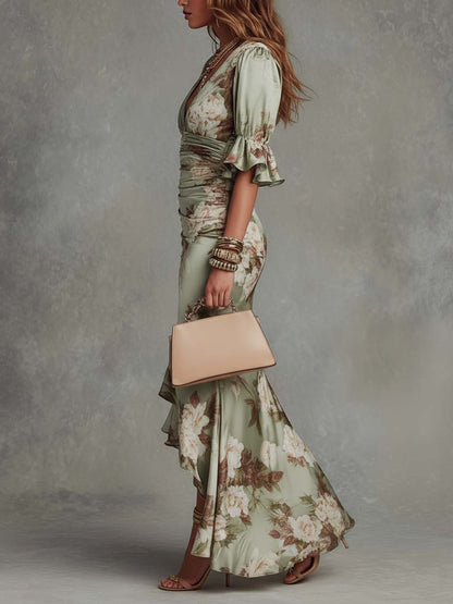 Serilda | Women's Floral Satin V-Neck Ruffle Hem Maxi Dress