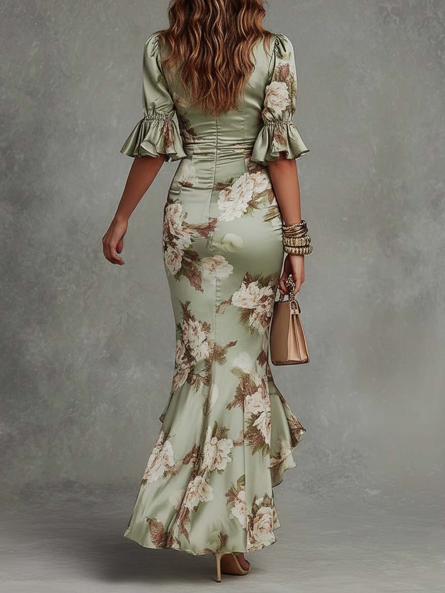 Serilda | Women's Floral Satin V-Neck Ruffle Hem Maxi Dress