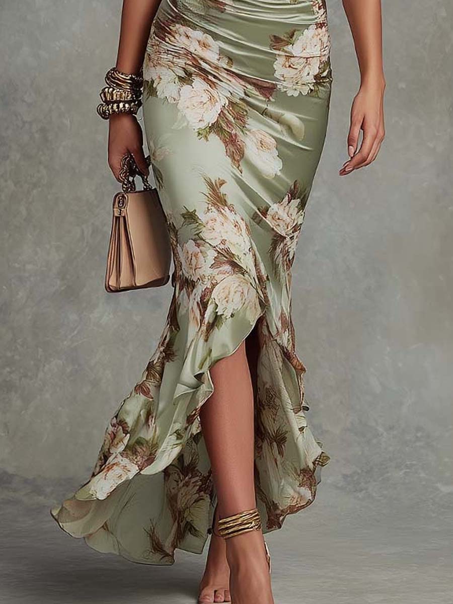 Serilda | Women's Floral Satin V-Neck Ruffle Hem Maxi Dress