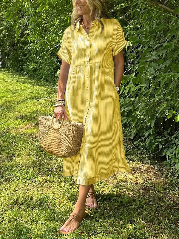 Brooke | Striped Button Up Collared Short Sleeve Casual Summer Midi Dress