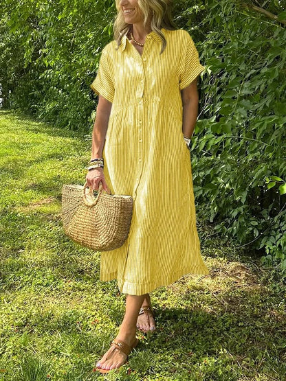 Brooke | Striped Button Up Collared Short Sleeve Casual Summer Midi Dress