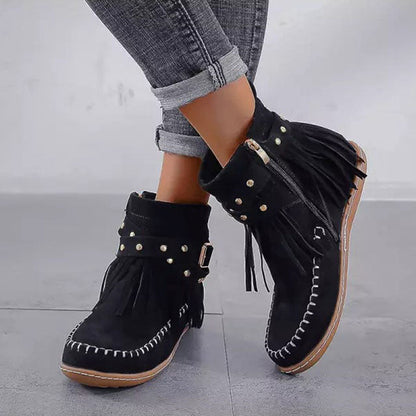 Cynthia | Fringe Studded Buckle Strap Zip Up Flat Ankle Boot