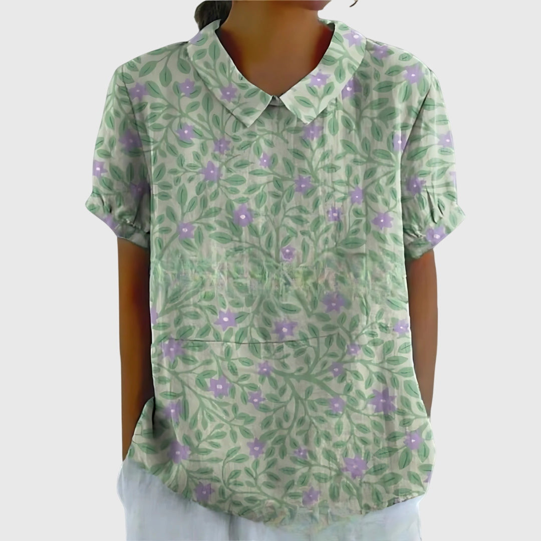 Jenna | Floral Print Collared Short Sleeve Relaxed Linen Blouse