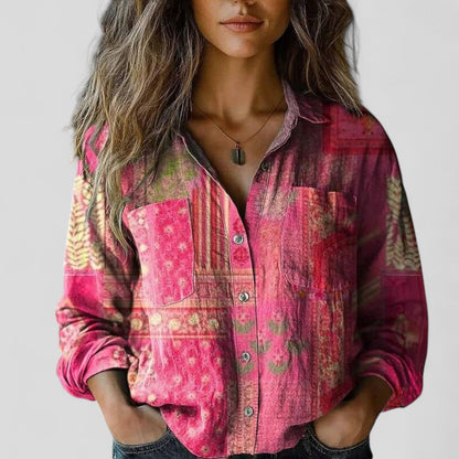 Lorenhilde | Colorblock Floral Long Sleeve Button Down Boho Blouse