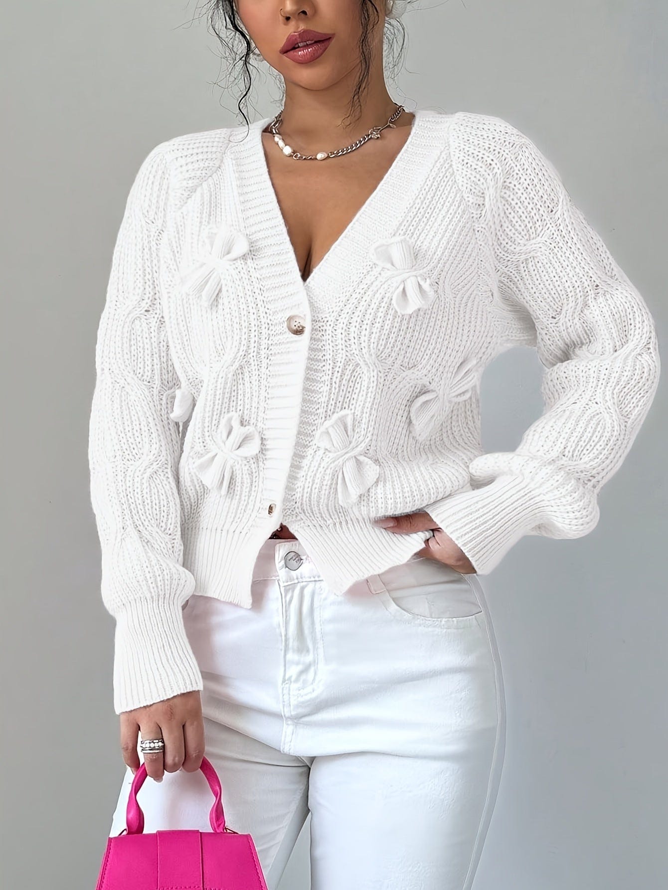 Rosalind | Women's Bow-Detail Cable Knit V-Neck Button-Front Cardigan
