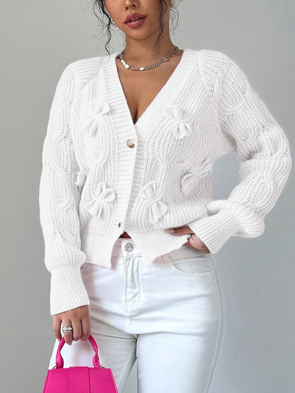 Rosalind | Women's Bow-Detail Cable Knit V-Neck Button-Front Cardigan