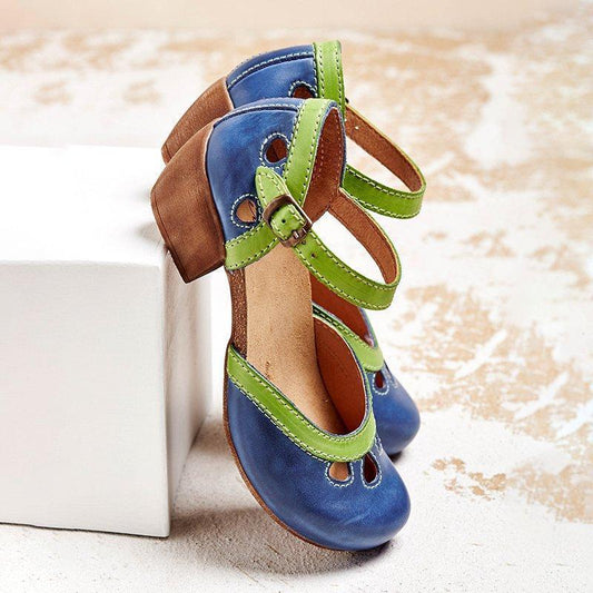 Charlotte | Colorblock Strappy Orthopedic Low Block Heel Cutout Sandal