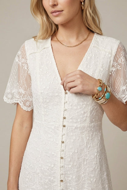Clara | Lace V Neck Short Sleeve Button Front Maxi Dress