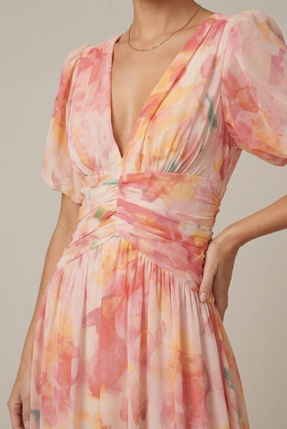 Ava | Floral Puff Sleeve Deep V Neck Ruched Waist Maxi Dress