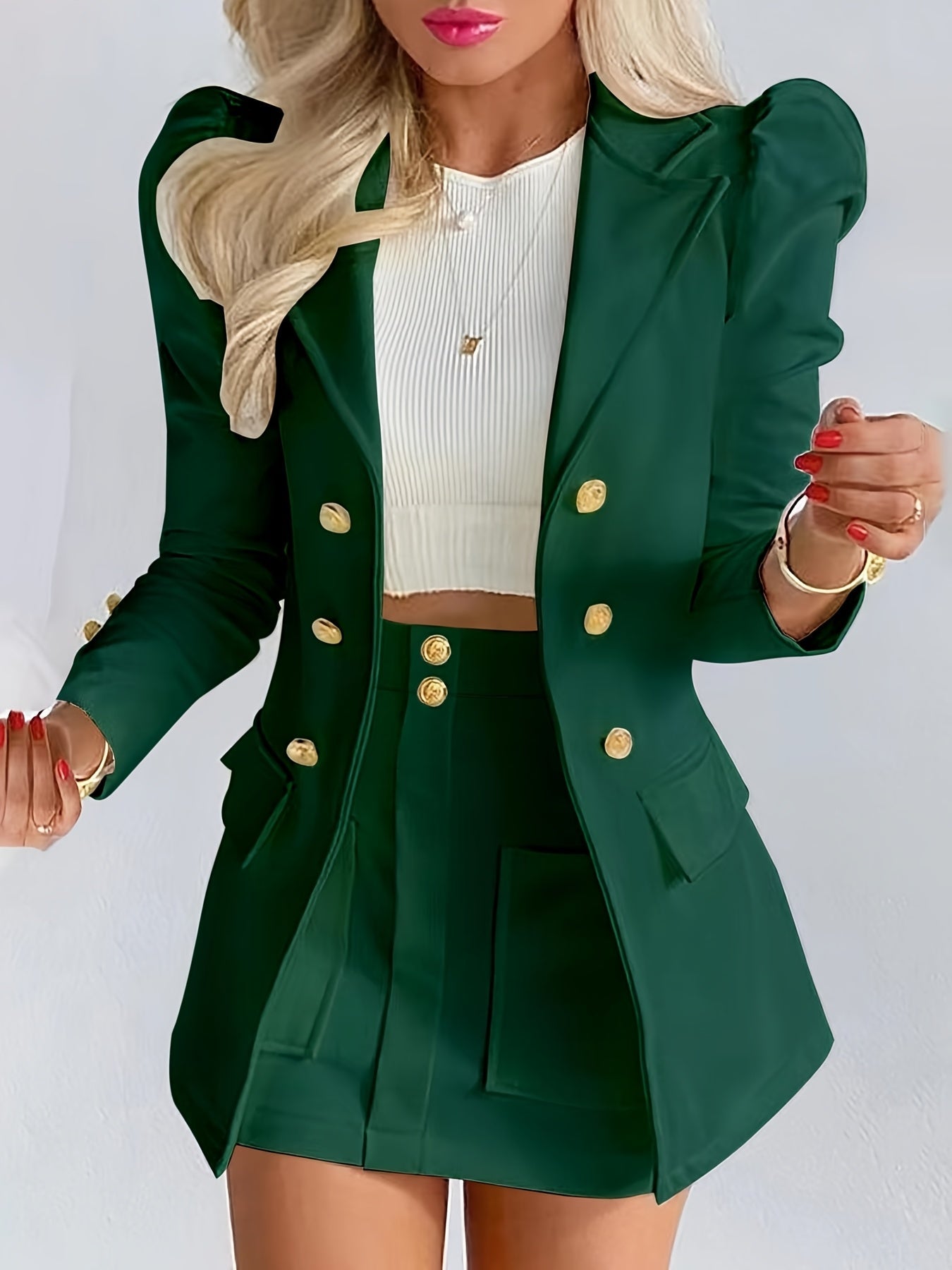 Elodie | Women's Tailored Puff Sleeve Double Breasted Blazer Skirt Set