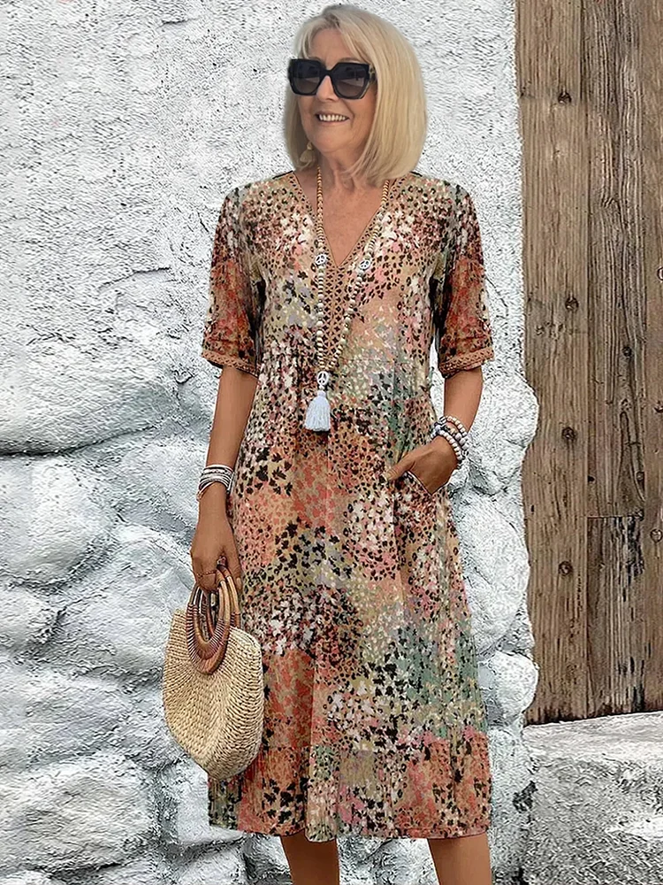 Ruby | Floral V Neck Short Sleeve Loose Casual Summer Midi Dress