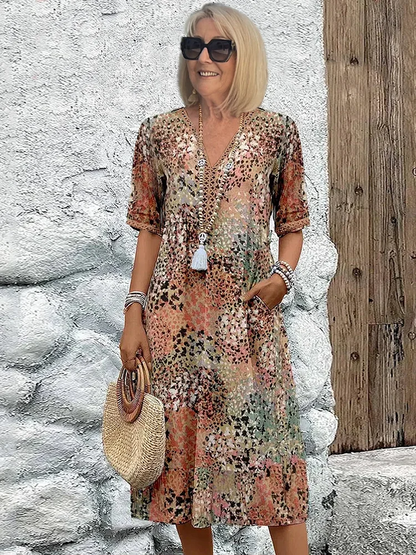 Ruby | Floral V Neck Short Sleeve Loose Casual Summer Midi Dress