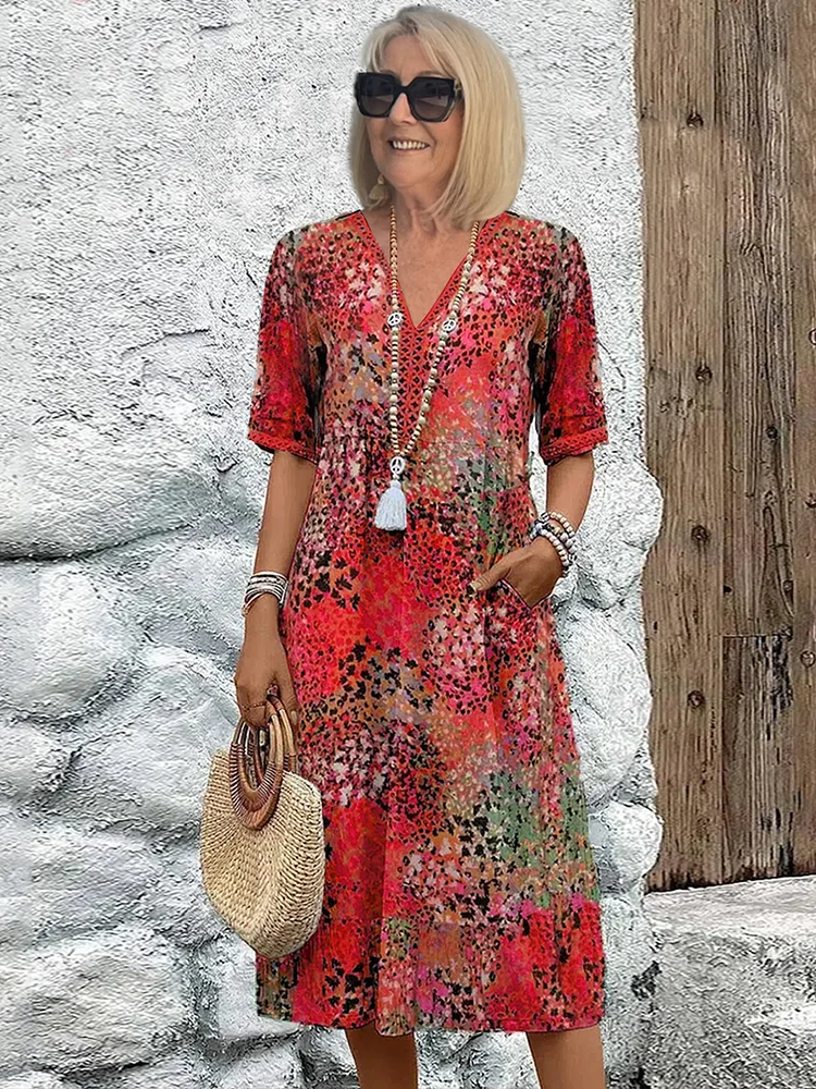Ruby | Floral V Neck Short Sleeve Loose Casual Summer Midi Dress