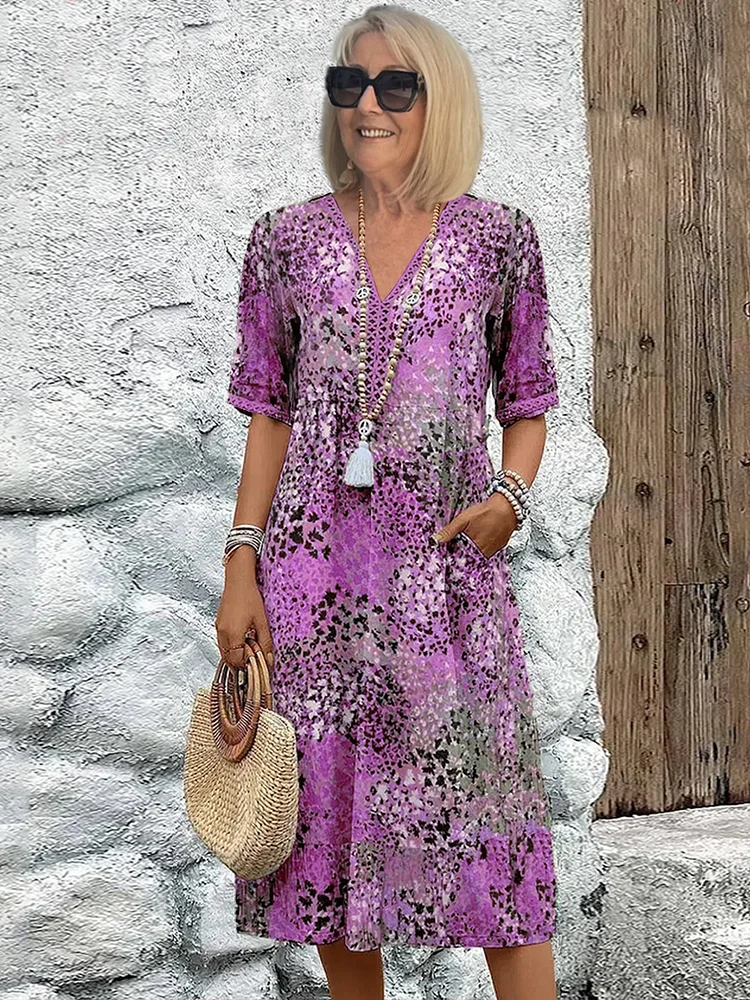 Ruby | Floral V Neck Short Sleeve Loose Casual Summer Midi Dress