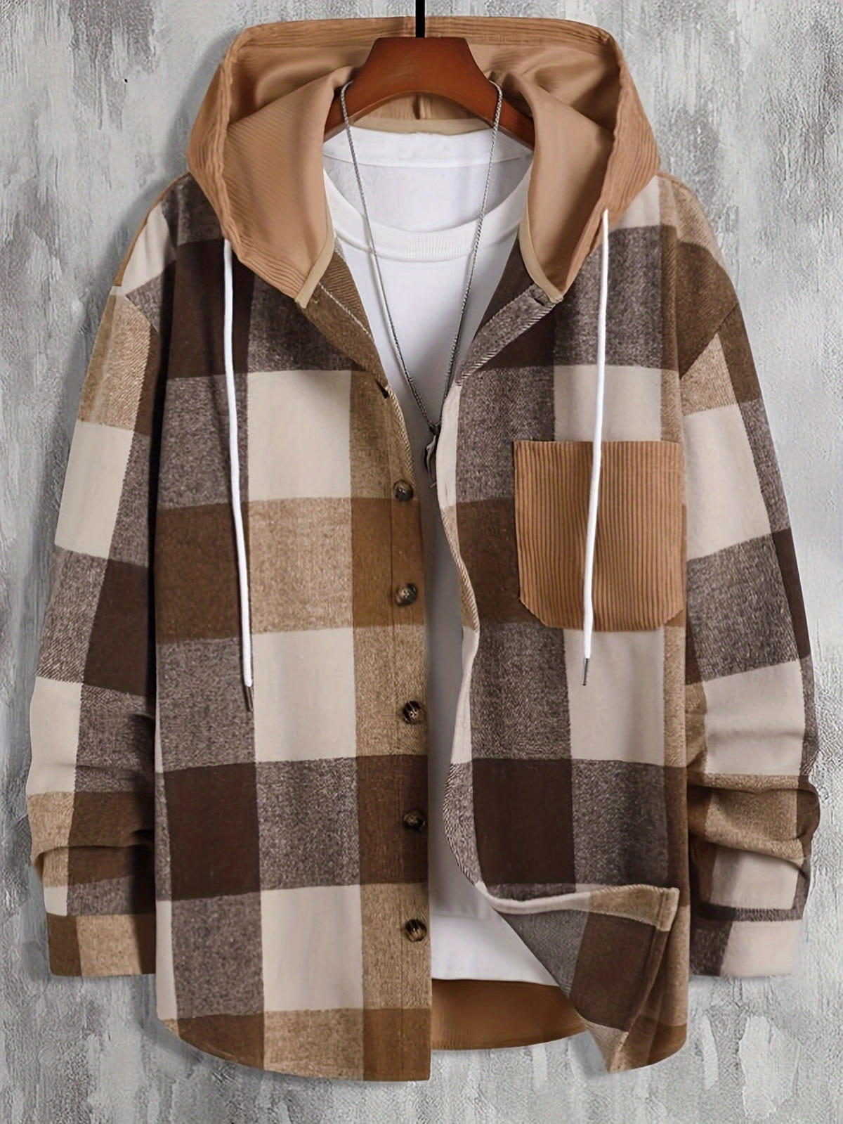 Thaddeus | Men's Plaid Hooded Corduroy Pocket Overshirt Jacket
