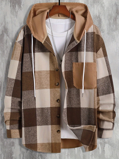 Thaddeus | Men's Plaid Hooded Corduroy Pocket Overshirt Jacket