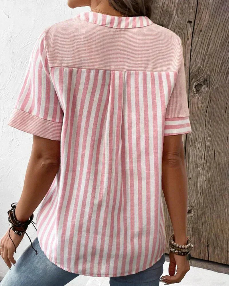 Monroe | Striped Colorblock Stand Collar Short Sleeve Casual Top