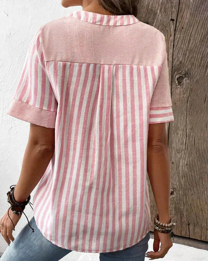 Monroe | Striped Colorblock Stand Collar Short Sleeve Casual Top