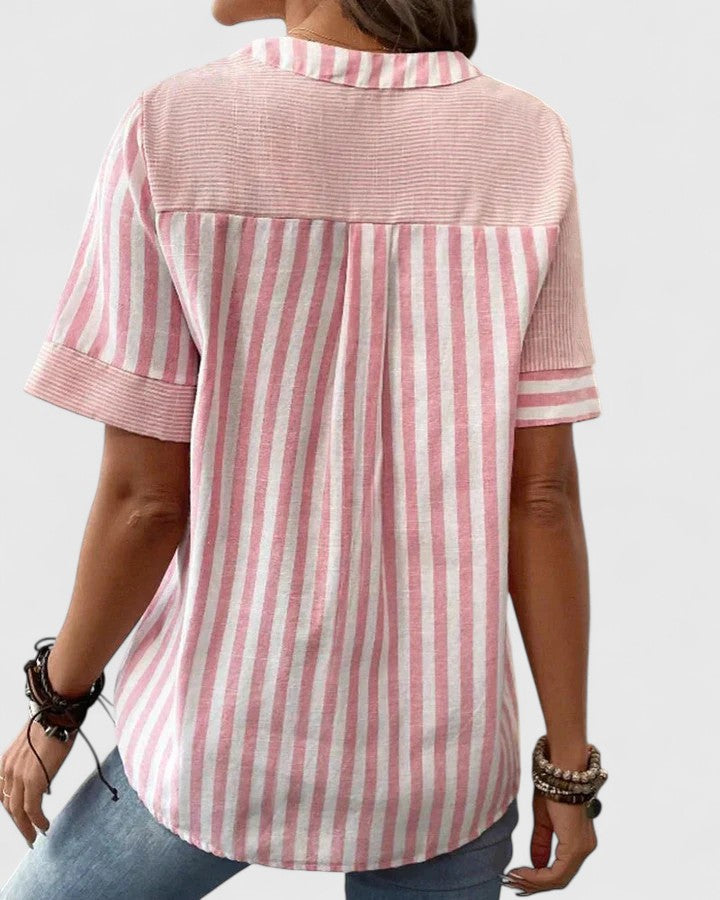 Gigi | Striped Colorblock Stand Collar Short Sleeve Casual Blouse