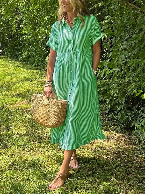Brooke | Striped Button Up Collared Short Sleeve Casual Summer Midi Dress
