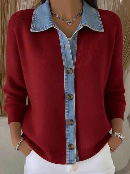 Marlise | Women's Polo Collar Denim Trim Knit Cardigan