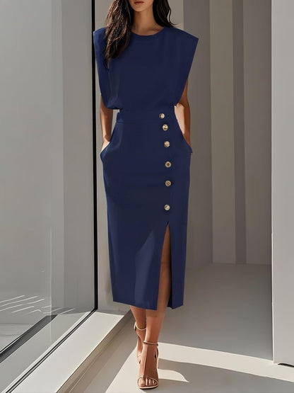 Quinn | Sleeveless Structured Shoulder Button Detail Fitted Midi Elegant Dress