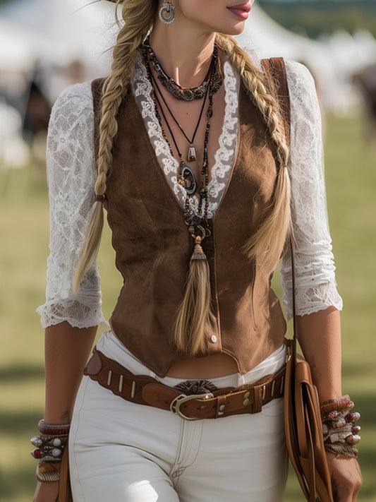 Elowen | V Neck Long Sleeve Lace Western Boho Blouse