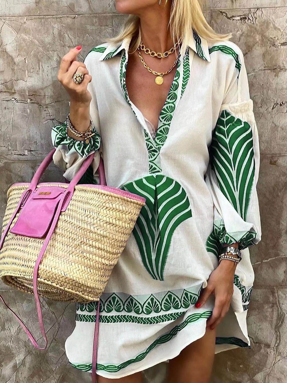 Elysia | Botanical Print Shirt Collar Deep V Neck Long Sleeve Casual Mini Dress