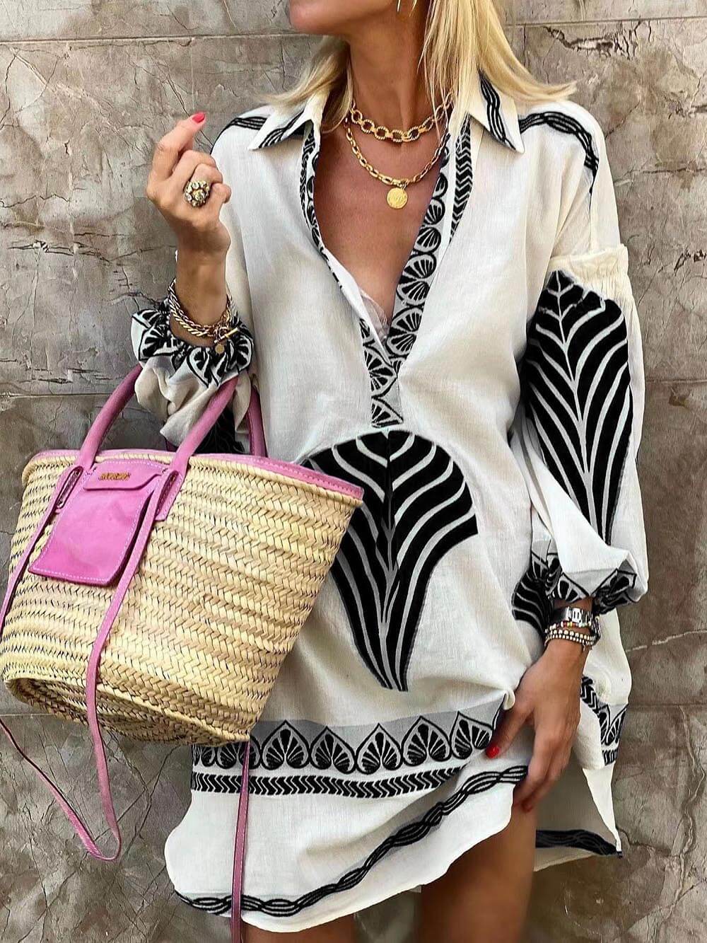 Elysia | Botanical Print Shirt Collar Deep V Neck Long Sleeve Casual Mini Dress