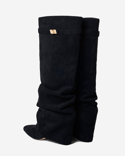 Noirenne | Slouchy Fold Over Knee High Hidden Wedge Boots