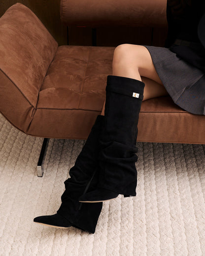 Noirenne | Slouchy Fold Over Knee High Hidden Wedge Boots