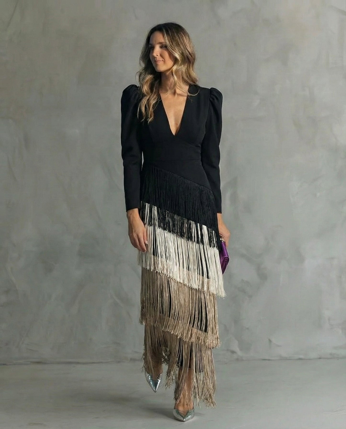 Esmeralda | Deep V Neck Puff Shoulder Long Sleeve Tiered Fringe Elegant Maxi Dress