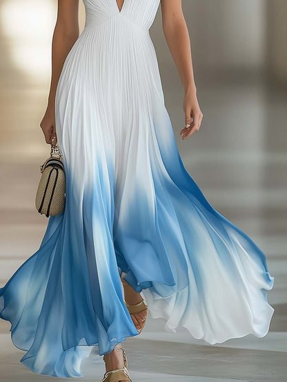 Evelina | Deep V Neck Spaghetti Strap Pleated Gradient Elegant Maxi Dress