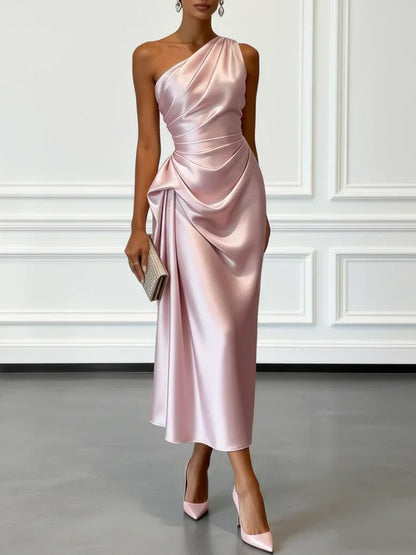 Aurelia | Women's One Shoulder Satin Midi Wedding Guest Dress
