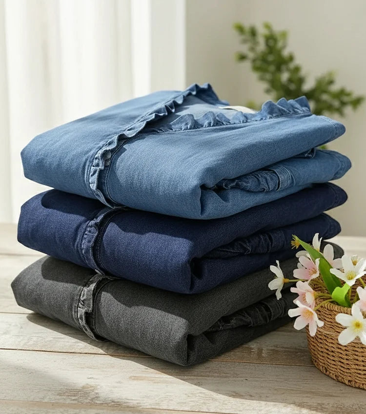 Rylee | Women's Denim V-Neck Ruffle Front Relaxed Fit Shirt